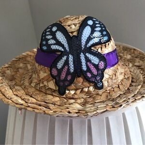 Baby doll Straw Sun Hat with Purple Sequin Butterfly 18”